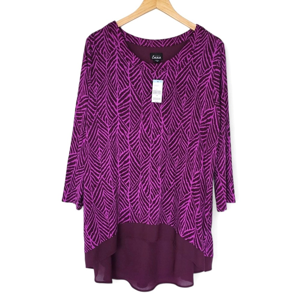 Simply Emma Tunic Top 2X Womens Artsy Leaf High-Low Purple Pink Lagenlook Flowy